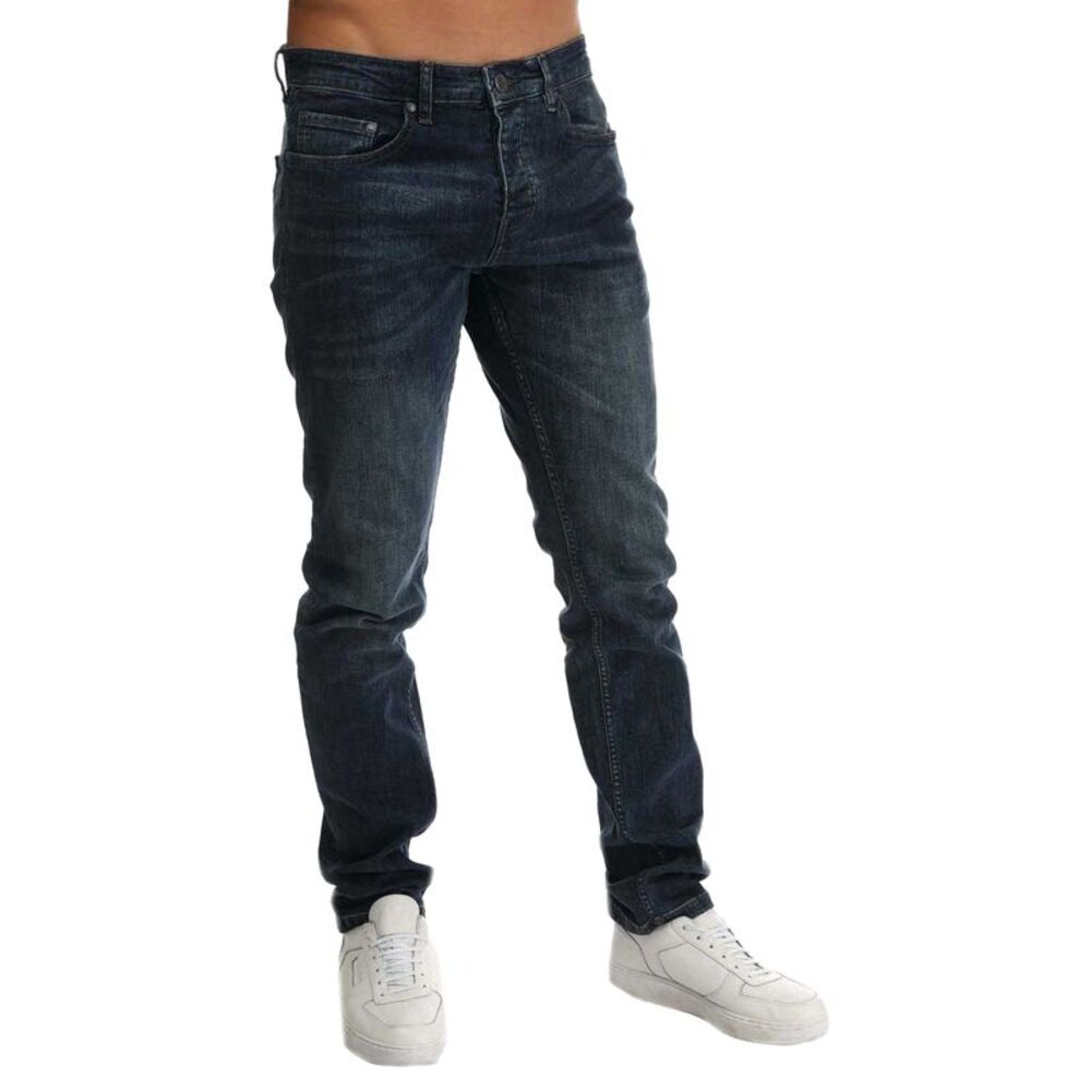 Weekend Offender Mens Leather Patch Tapered Jeans / Blue